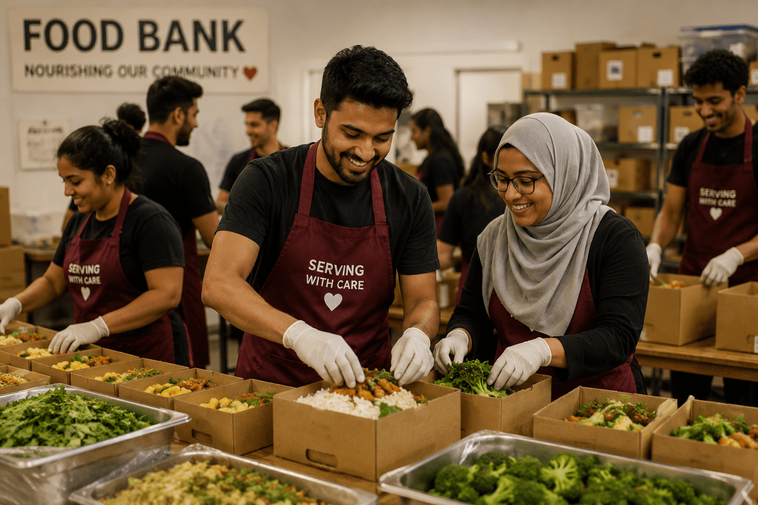 Volunteers serving meals at a community food event